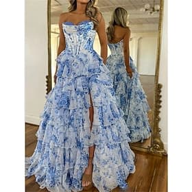A-Line Floor Length Prom Dresses Elegant Floral Princess Sleeveless Strapless Prom Evening Party Chiffon Backless with Floral Print