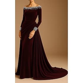A-Line Sheath Column Sweep Brush Train Velvet Dress Vintage Dress Formal Dresses Evening Gown Ball Gown with Overskirt Elegant Glittering Celebrity Style Long