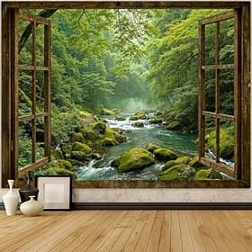 Beautiful Bamboo Forest Stream Moss Stone Flowing Water Green Landscape Hanging Tapestry Wall Art Large Tapestry Mural Decor Photograph Backdrop Blanket Curtai