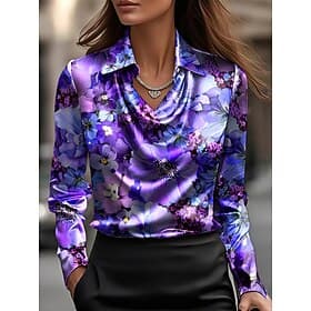 Women's Shirt Draped Floral Graphic Elegant Daily Long Sleeve Cowl Neck Regular Tops Daily Work Evening Party Blue Black Purple Green Summer Spring Fall Winter