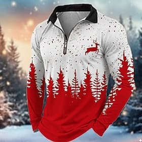 Christmas Men's Reindeer Polo Long Sleeve Turndown Modern Leisure Sports  Outdoor Athleisure Festival Zipper 3D Print Spring Fall Winter Blue Black Red