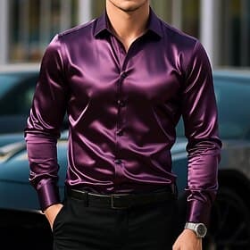 Men's Shirt Satin Shirt Casual Shirt Button Up Shirt Plain Daily Vacation Navy Blue Dark Purple Long Sleeve Lapel Spring   Fall All Seasons Clothing Apparel