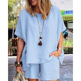 Femmes Ensemble effet lin Ensembles deux pièces Manche Courte Pantalon Court Col ras du cou Couleur Unie Avec Poches Taille Élastique Mode Confort Doux Quotidi