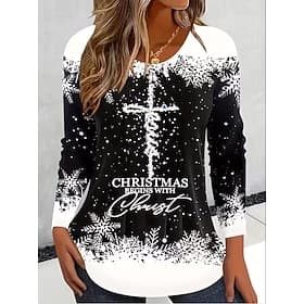 Christmas Women's T Shirt Graphic Vintage Fashion Stylish Long Sleeve Crew Neck Round Neck Regular Tops Daily Weekend Print Black Gold Summer Spring Fall Wint