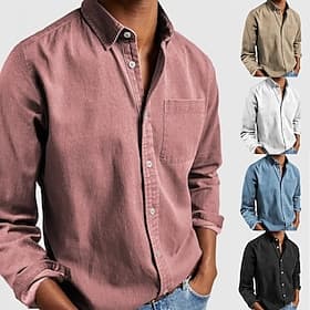 Men's Shirt Casual Shirt Button Up Shirt Black White Pink Red Navy Blue Long Sleeve Plain Lapel Casual Daily Front Pocket Clothing Apparel Cotton Elastane Eleg