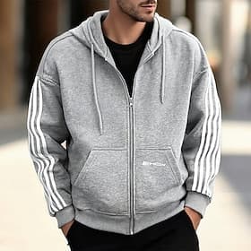 Hombre Sudadera Sudadera con capucha y cremallera completa Gris Con Capucha Rayas Cerrar Bolsillo Deporte Diario Festivos Poliéster Ropa de calle Básico Casual