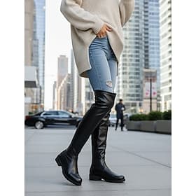 bottes noires au-dessus du genou pour femmes avec talon bas et semelle crantée, chaussures de mode urbaine élégantes en similicuir