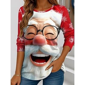 Christmas Women's T Shirt Claus Casual Long Sleeve Crew Neck Regular Tops Weekend Print Black White Red Blue Orange Winter