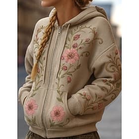 Femmes Sweats à capuche zippés Patchwork Fermeture éclair Avec Poches Fleuri Graphique Élégant Chaud ancien manche longue À capuche Hauts Réguliers Rue Tenue Q