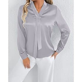Damen Hemd Elegant Satin-Top Satinhemd Vorderknoten Einfarbig Stilvoll Lässig Langarm V Ausschnitt Normale Oberteile Täglich Ausgehen Grün Hellgrau Frühling He