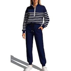 Women's Sweatshirt Tracksuit Sweatsuit Drawstring Zipper Geometric Jacket and Sweatpants Athletic Clothing Set Spring Fall Winter Dark Grey Dark Navy Casual Wo