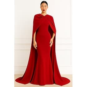 Mermaid Trumpet Sheath Column Floor Length Ball Gown with Cape Evening Gown Formal Dress Elegant Silky Sleeveless High Neck Wedding Formal Capes Stretch Crepe