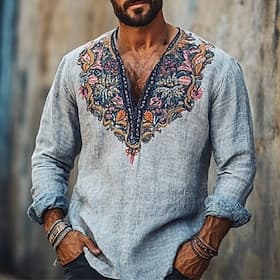 Voor heren Linnen overhemd Zomer overhemd Vintage overhemd Etnisch shirt Shirt met lange mouwen Geborduurd Vakantie Straat blauw Lange mouw V-hals Zomer Lente