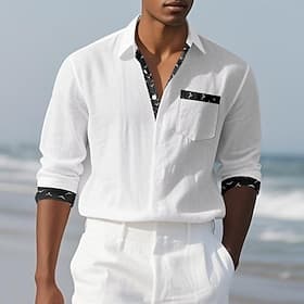 Men's Shirt Linen Shirt Casual Shirt Button Up Shirt Cotton Shirt Color Block Streetwear Vacation Khaki Gray Light Blue Long Sleeve Lapel Spring Fall Clothing