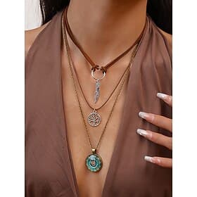 Women's Bohemian Layered Pendant Necklace, Triple Strand Jewelry with Feather, Tree of Life and Vintage Round Charm for Festivals, Parties and Casual Wear