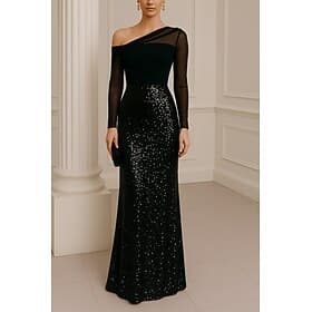 A-Line Floor Length Prom Dresses Evening Gown Ball Gown Formal Dress Elegant Glittering Long Sleeve Off Shoulder Wedding Formal Pocket Sequined with Glitter Pl