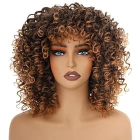Perruques bouclées noires/brunes de 14 pouces pour femmes, perruques afro courtes et crépues bouclées avec frange, perruque en cheveux synthétiques naturels, d