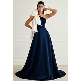 A-Linie Bodenlang Abendkleid Ballkleid Festliche Kleidung Elegant seidig Ärmellos Ein-Schulter Hochzeit Formell Tasche Satin mit Glitzer Schleife(n)