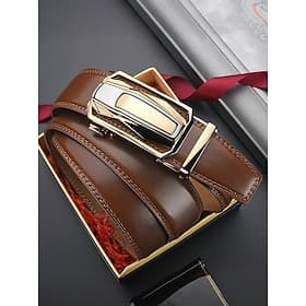 Men's Genuine Leather Belt with Car Buckle – Luxury Automatic Ratchet Dress Belt for Business, Casual and Formal Wear