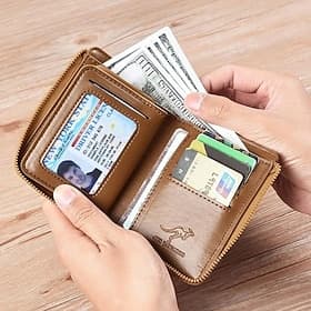 Men Wallet Zipper Genuine Leather Purse Anti Theft RFID Blocking Card Holder Magnetic Resistant Bifold Wallet Stylish Money Clip Credit Card Organizer For Men
