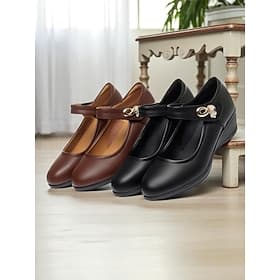 Women's Comfort Mary Jane Work Shoes with Low Wedge Heel - Black  Brown Faux Leather Office Flats with Decorative Buckle for Daily Walking, Long Hours Standing