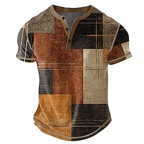 Men's Plaid Patchwork Henley Shirt Waffle T Shirt Short Sleeve Daily Retro Vintage Classic Sports Outdoor Casual Holiday Spring  Summer All Seasons Dark Brown