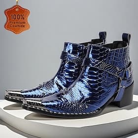 Men's Premium Cowhide Blue Croc Pattern Leather Chelsea Boots, Stylish Harley Motorcycle Boots for Rock Concerts, Parties, Nightclub Fashion and Stage Wear