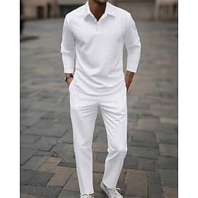 Men's T-shirt Suits Shirt and Pant Sets 2 Pieces Outfits Long Sleeve Lapel Spring Fall Plain Fashion Casual Jacquard 2 Piece Vacation Daily Wear Going out Blac