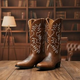 Men's Vintage Brown and Black Faux Leather Western Cowboy Boots with Intricate Embroidery - Durable and Stylish for Rodeo and Everyday Wear