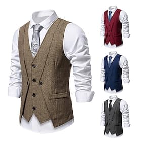 Men's Vest Waistcoat Gilet Vacation Party Business Fashion Casual Spring Fall Pocket 2 in 1 Buttons Polyester Comfortable Plain Single Breasted One-button V Ne