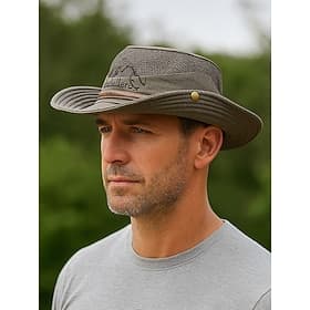 Herren-Safarihut mit Sonnenschutz für den Außenbereich – atmungsaktiver Fischerhut aus Netzgewebe mit breiter Krempe und Kinnriemen zum Wandern, Camping und Re