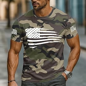 Men's Camo Camouflage American US Flag T Shirt Short Sleeve T shirt 3D Print Crew Neck Shirt Daily Military Daily Street Hunting Blue Green Gray Summer Spring