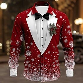 Christmas Men's Snowflake Christmas Costume Suit Tie Printed Tuxedo Shirt Button Up Shirt Long Sleeve Funny Outdoor Holiday Spring Fall Turndown 3D Print Colla