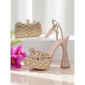 Sandalias de tacón alto con plataforma y diamantes de imitación para mujer con clutch a juego: zapatos de vestir formales brillantes para cócteles, bodas y eve