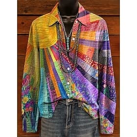 Women's Shirt Linen Like Breathable Lightweight Graphic Rainbow Elegant Bohemia Vintage Long Sleeve Shirt Collar Regular Tops Work Daily Buttons Print Pink Pur