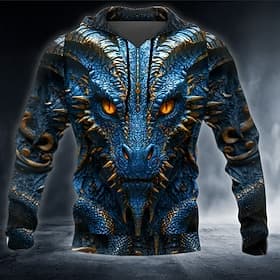 Homme Dragon 3D Sweat à capuche Sweatshirt Frais Fête manche longue Col ras du cou Club Vêtements de rue Bleu Rouge Violet Cordon de serrage Automne Hiver Desi