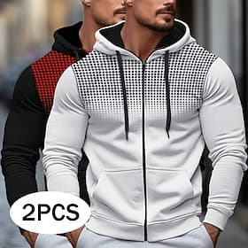 Men's Hoodie Full Zip Hoodie Fleece Hoodie WhiteRed RedGray WhiteBlack WhiteGray BlackGray Hooded Polka Dot Plain Zipper Color Block Casual Daily Sports Outdo