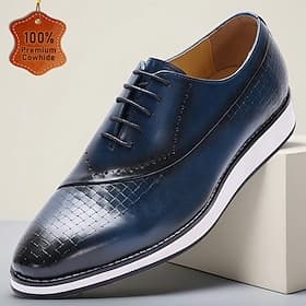 Men's Blue Lace-Up Dress Shoes – Genuine Leather Business Oxfords with Textured Detailing, Elegant Footwear for Office, Parties and Special Occasions