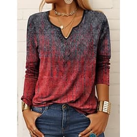 Women's T Shirt Print Graphic Geometric Abstract Vintage Stylish Modern Long Sleeve Notched Neck Regular Tops Daily Weekend Blue Pink Wine Red Orange Spring Fa
