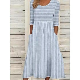 Femmes Robe Midi Robe Décontractée Robe trapèze Élégant Occasionnel Quotidien Vacances Coupe Ample Rayure Manche Courte Col ras du cou Gris Bleu clair Été Prin thumbnail 2