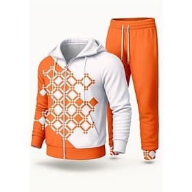 Men's Hoodie Tracksuit 2 Piece Tracksuit Drawstring Zip Up Geometric Clothing Suit Fall Winter Blue Orange Vocation Outdoor Travel Lightweight Fashion Long Sle