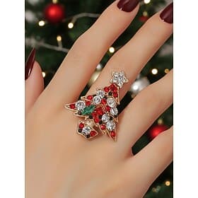 Anello da donna a forma di albero di Natale: materiali in lega e zirconia, design festivo con pietre rosse, verdi e trasparenti, perfetto per feste di Natale e