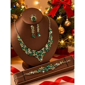 Women's Green Crystal Jewelry Set 4PCS, Elegant Necklace, Earrings, Bracelet  Ring for Christmas Parties, Holiday Gifts  Formal Events