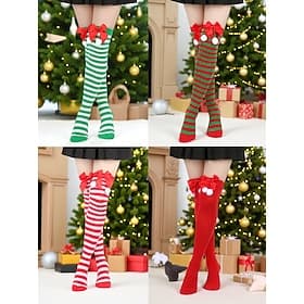 Women's Christmas Thigh High Socks Set, 4-Pair Striped  Solid Red Holiday Stockings with Bows and Pom Poms, Festive Over-the-Knee Socks for Winter Parties  Gif