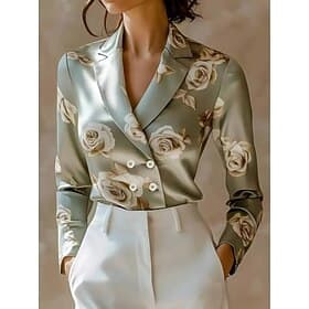 Women's Elegant Dressy Satin Top Blouse Flower Vintage Daily Long Sleeve Shirt Collar Regular Tops Wine Green Apricot Spring, Fall, Winter, Summer