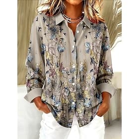Damen Hemd Bluse Patchwork Knöpfe Druck Blumen Grafik Vintage Lässig Langarm Hemdkragen Normale Oberteile Täglich Rote Khaki Sommer Frühling Herbst Winter