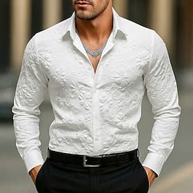 Men's Shirt Casual Shirt Button Up Shirt Black White Long Sleeve Floral Plain Lapel Vacation Casual Jacquard Clothing Apparel Fashion Chic  Modern Casual Smart