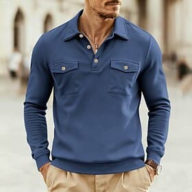Men's Polo Shirts Golf Shirt Casual Business Ribbed Polo Collar Long Sleeve Fashion Basic Solid Color Buttons Front Pocket Summer Spring   Fall All Seasons Reg
