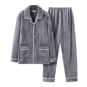 Men's Sleepwear Pajama Set Pajama Top and Pant 1 set Plain Fashion Stylish Classic Home Daily Bed Polyester Thermal Warm Comfort Soft Lapel Long Sleeve Shirt P