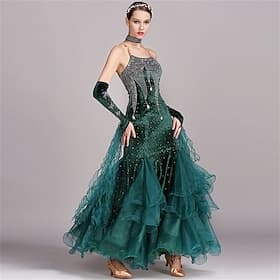 abito da ballo da sala da donna, verde smeraldo, in organza di velluto a rete con strass, a strati, per tango, valzer, foxtrot, competizione